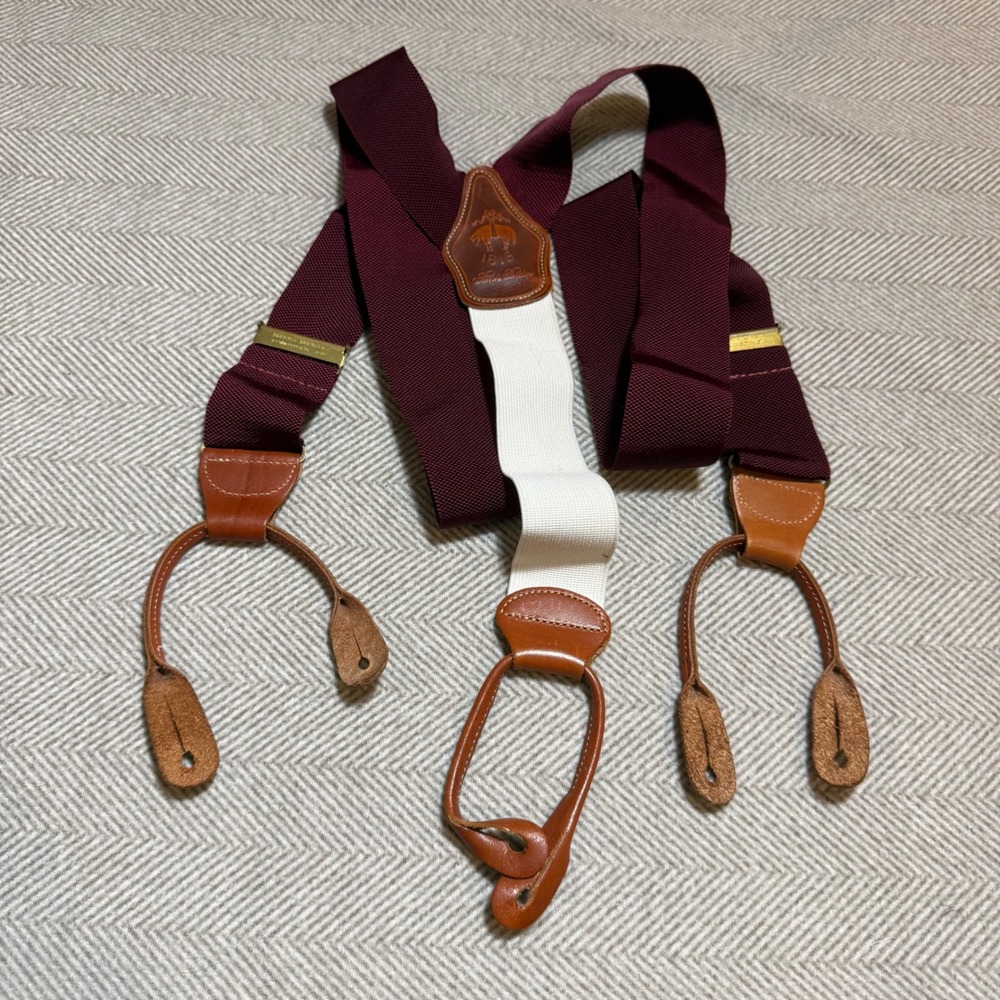 Brooks Brothers 1818 Mens Suspenders Burgundy Leather Button End Braces